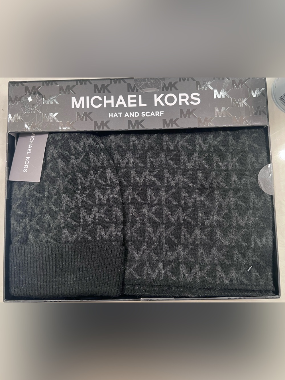 Michael Kors Black & Gray MK Logo Hat and Scarf Gift Set